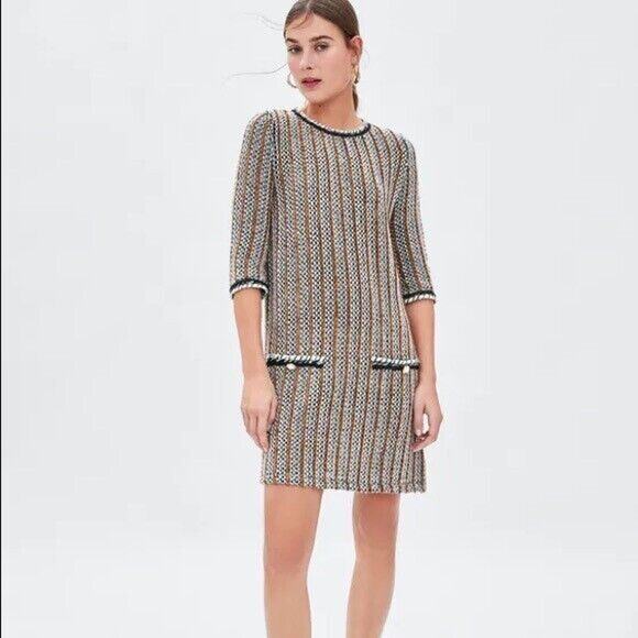 ZARA Trafaluc Womens Mini Shift Dress Small Brown Tweed 3/4 Sleeve Pearl Buttons - Picture 2 of 10